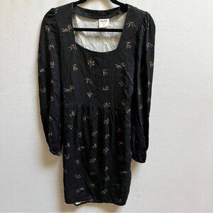 Rachel Mona Long Sleeve A Line Dress Black Leaf Print Tie Back Sz M